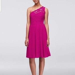 Pink lace David's bridal one shoulder dress